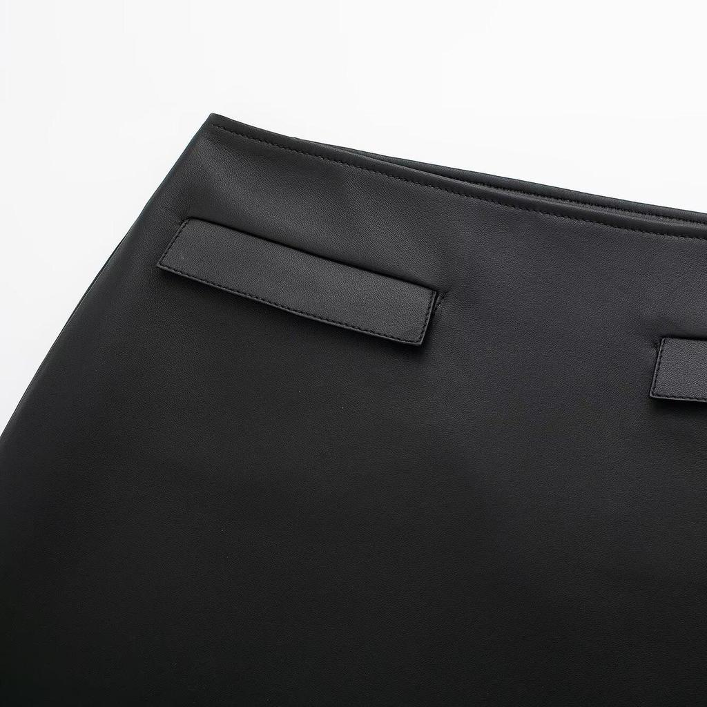 2025 Spring Women's Slim Temperament Leather Mini Skirt with Pocket Detail