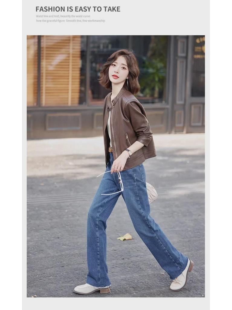 Women's Sheepskin Motorcycle Jacket: Genuine Leather, Stand-Up Collar, Short Style for Spring & Autumn.