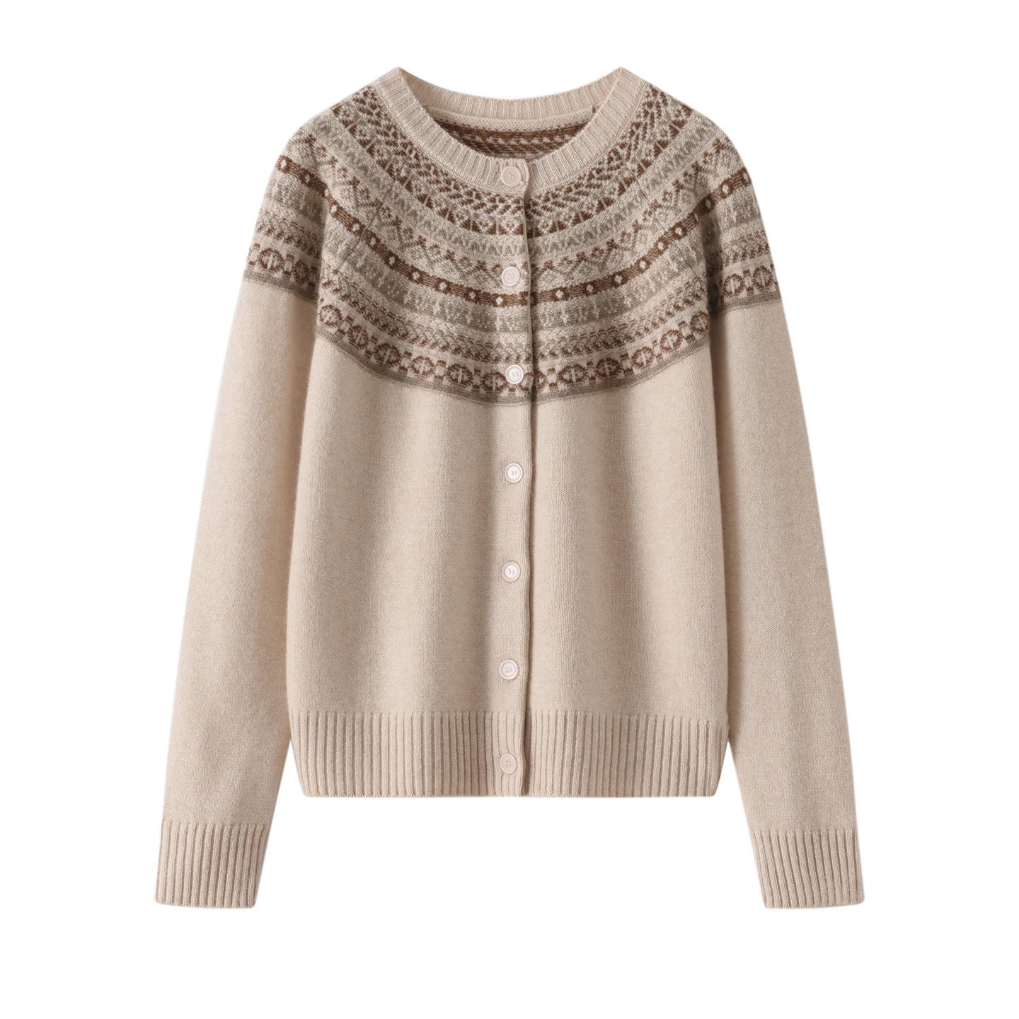 

Женский романтичный кашемировый кардиган - Круглый вырез, Узор Фэр-айл , Колорблок, Вязаное пальто-свитер на осень/зиму M for 90-110 lbs