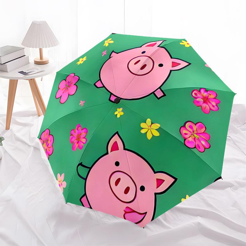 1pc Pig Flowers Automatic Folding Umbrella - 8-Rib Durable Iron Frame, Compact Portable for Daily Travel Yy251205065