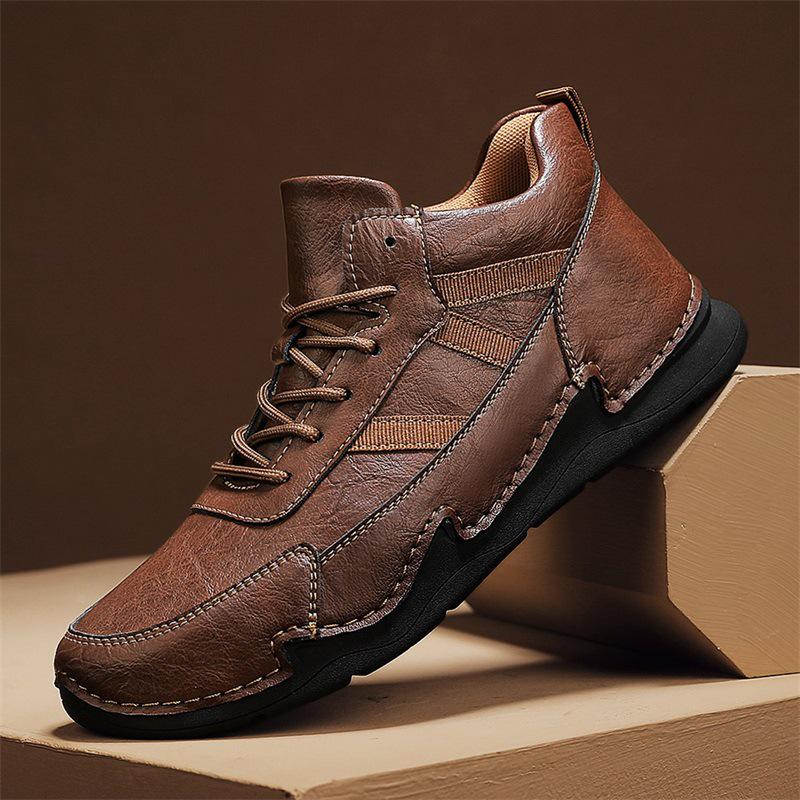 2024 Men's Soft Sole Mid-Top Hiking Boots, Casual Winter Warm Velvet Leather Shoes