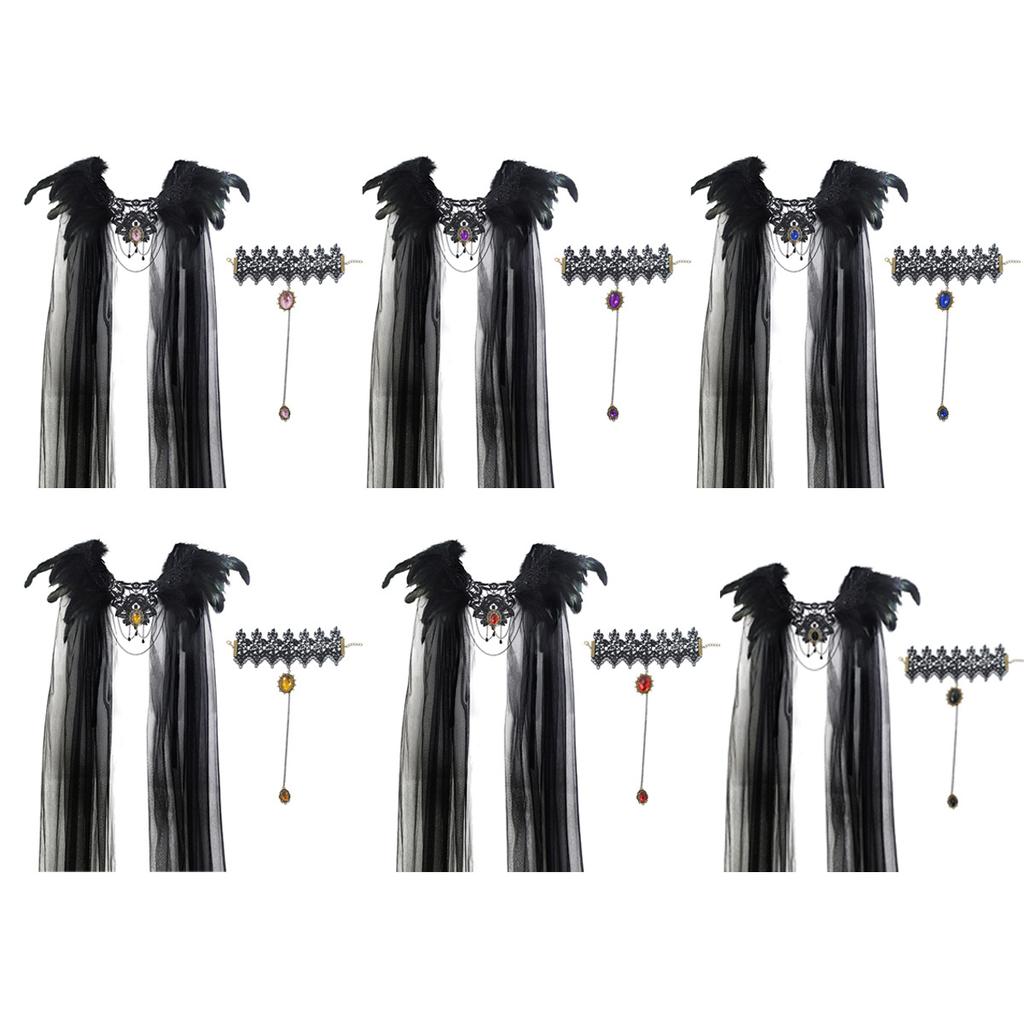 Halloween Cloak Black Feather Mesh Cloak Medium Dress Jewel Bracelet Stage Party Dance