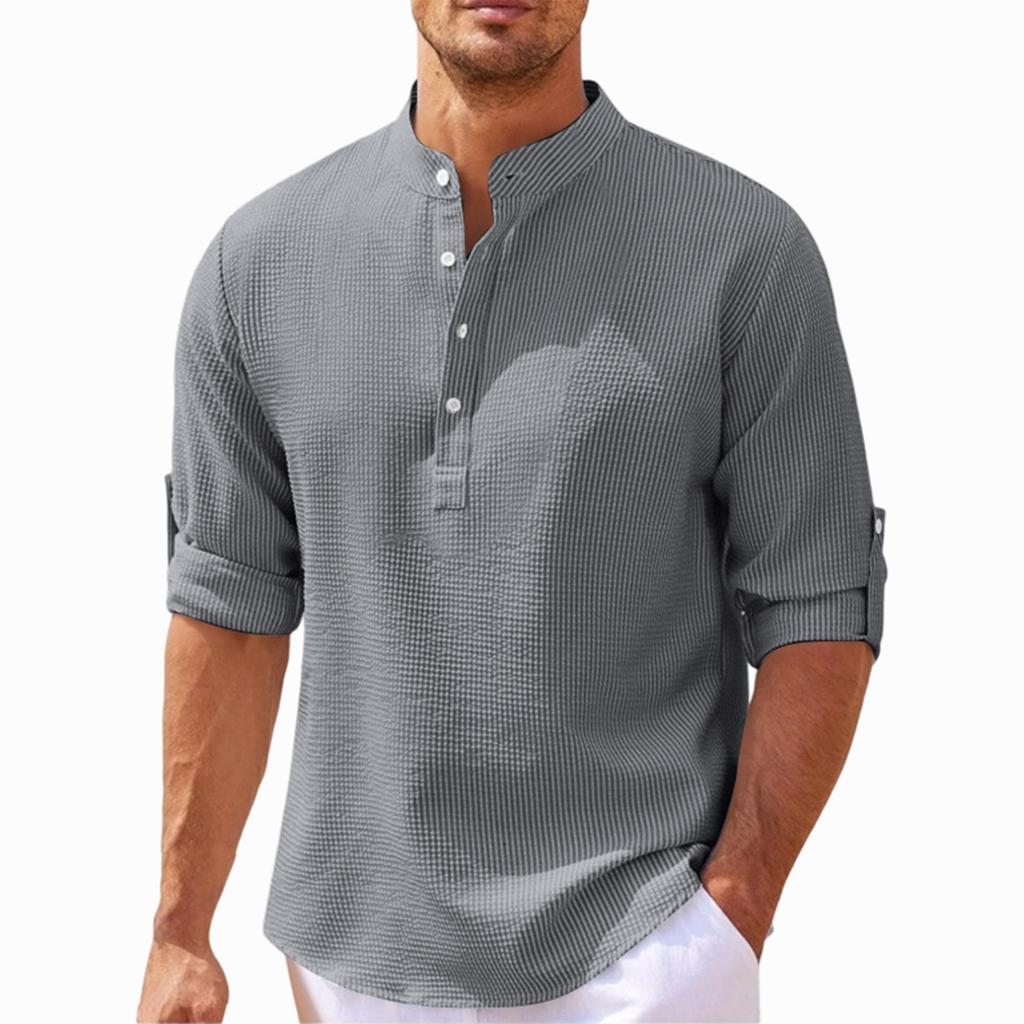 Men's Casual Long Sleeve Shirt Pullover Stand Collar Buttoned Henley Shirt Lightweight Relaxed Fit Top for Daily Wear