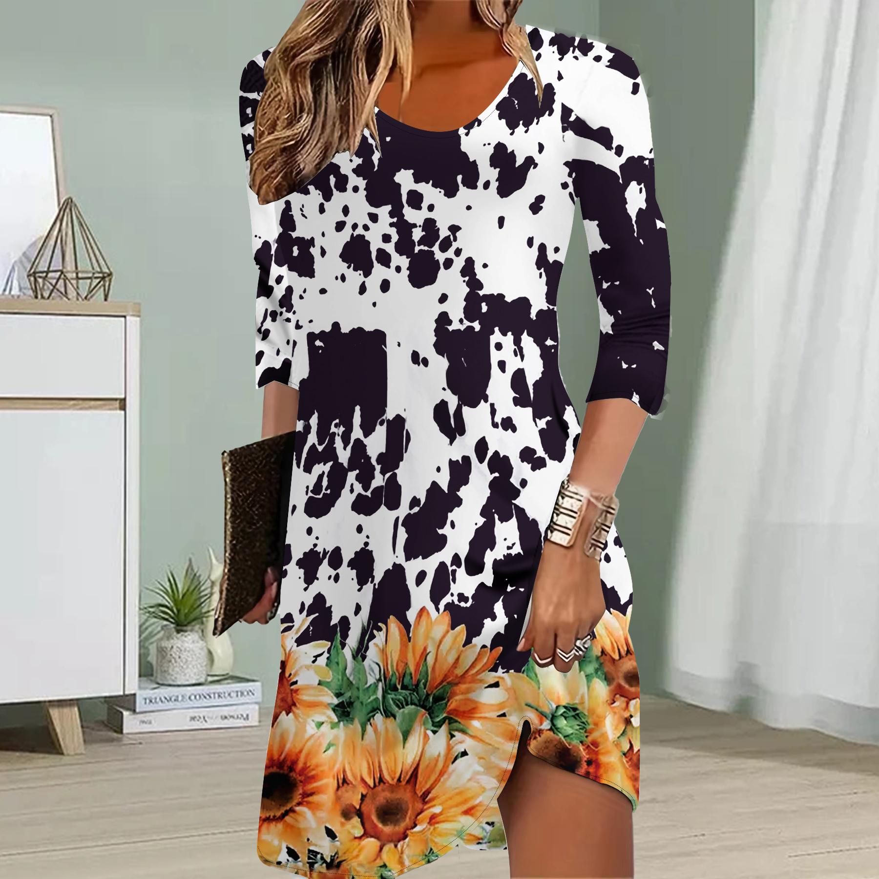 

Женское повседневное платье с принтом осенних подсолнухов, платья для женщин с круглым вырезом и коротким рукавом, платье больших размеров XS белый