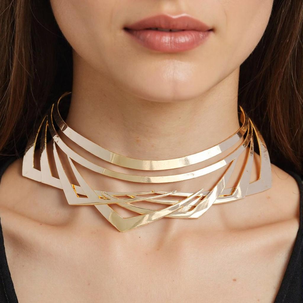 Cooler metallischer Choker Schichtketten Halskette Elegantes kantiges Kragen Schmuckstück für Hochzeitsfoto Bühnenshow