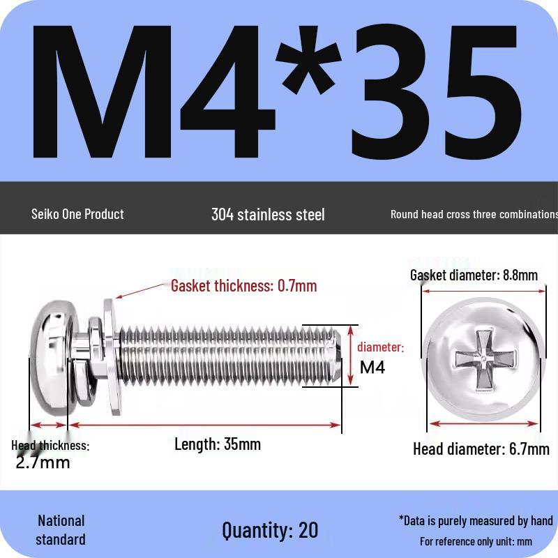 304 Stainless Steel Round Head Phillips Screw with Flat Washer (Sizes M3, M4, M5, M6)