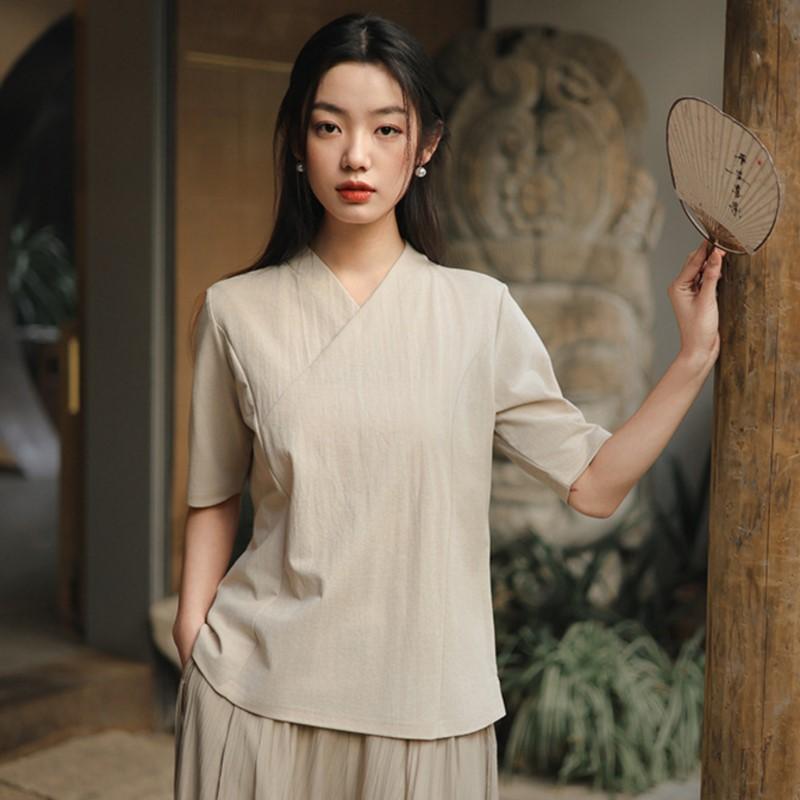 Johnature Women Chinese Style T-Shirts Solid Color V-Neck Seven Sleeve Summer Loose Casual T-Shirts