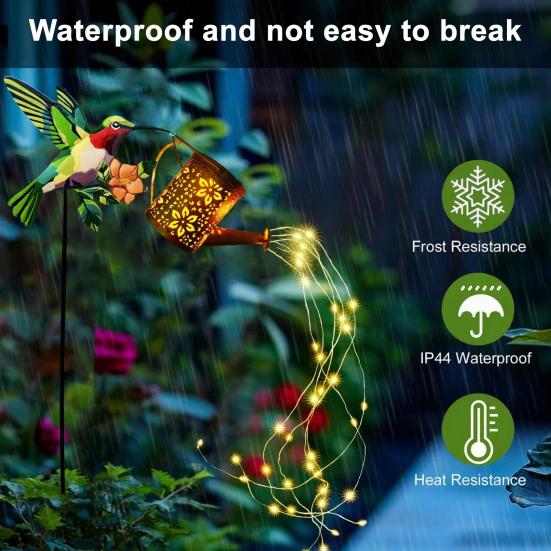 Solar Watering Can Garden Light Metal Hollow-Out Hummingbird Decorative Light Outdoor Spike Lamp for Lawn Pathway