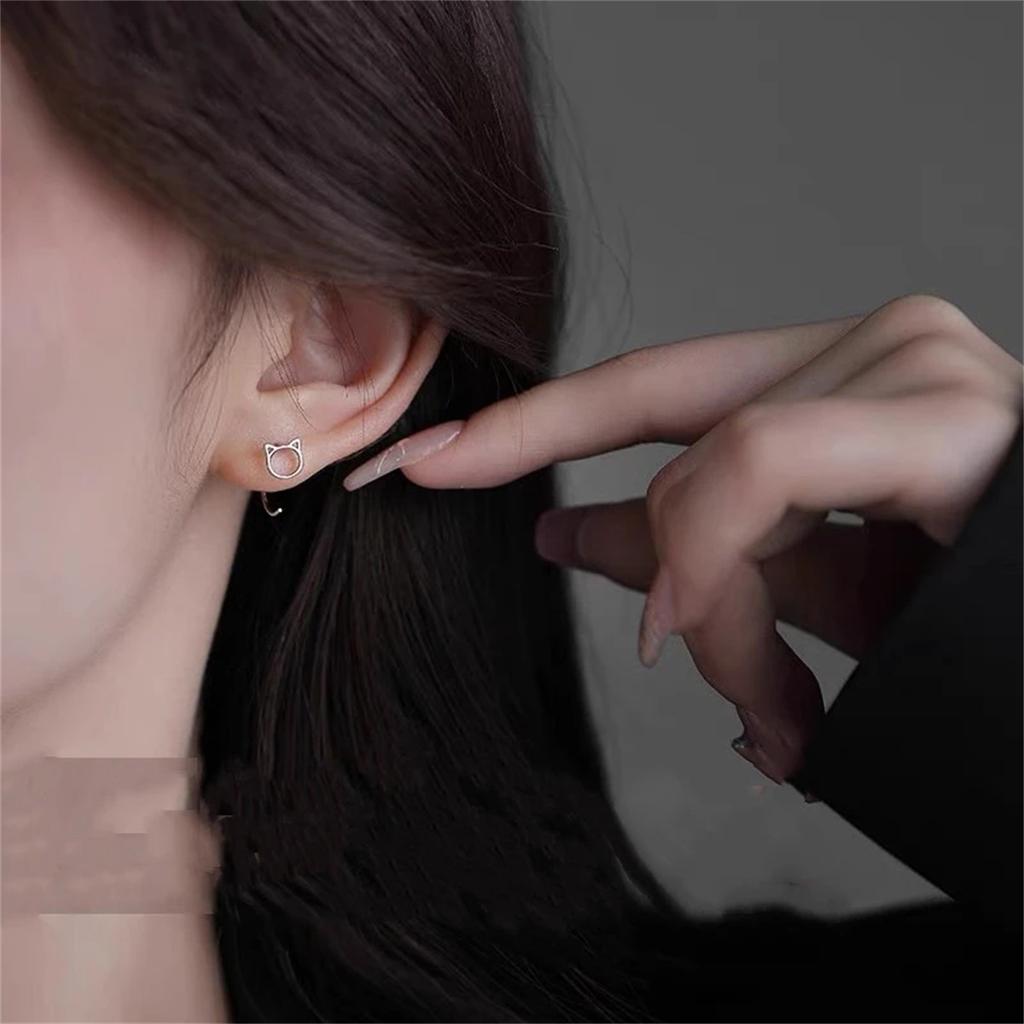 Hollow Cute Cat Stud Earrings for Women And Girls Fashion Silver Color Hypoallergenic Jewelry for Teens