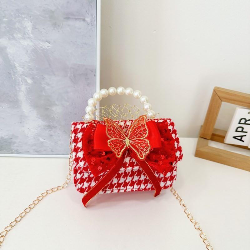 Red Cute Delightful Bowknot Childrens Handbag With Trendy Chain And Handle Pearl