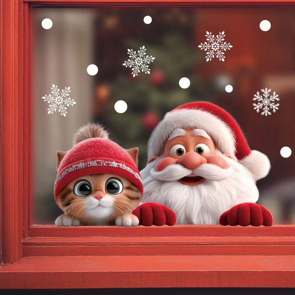 Santa Claus Glass Sticker 20x30cm Cartoon Cat Static Cling Removable Christmas Window Stickers