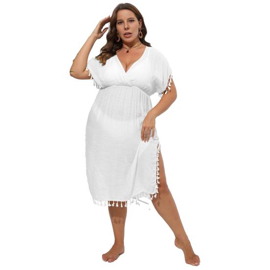 Women Bikini Cover Up Dress Solid Color V-Neck Short Sleeve Elastic High Waist Tassel Patchwork Cover Up Dress