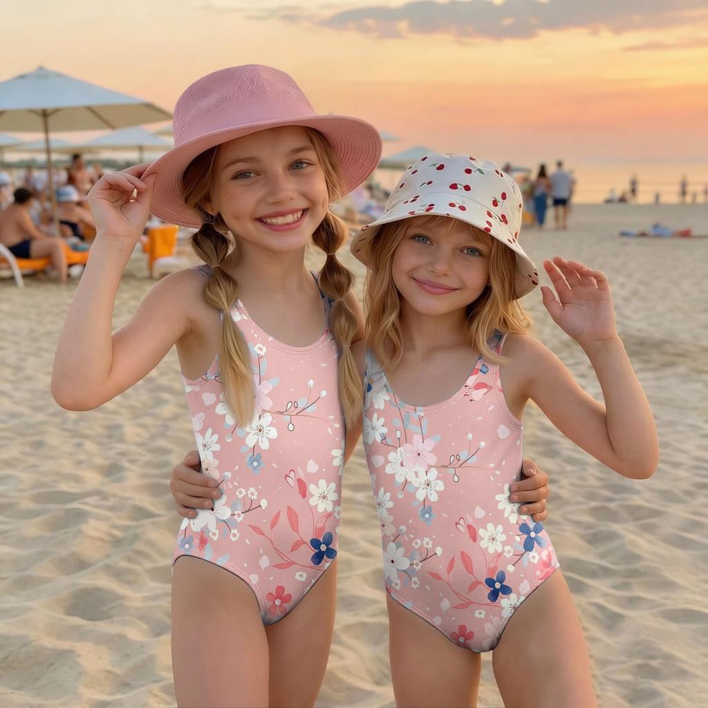Girls Floral Print One Piece Swimsuit Summer Casual Kids Swimwear Lightweight Comfortable Fabric Suitable for Beach Pool Water Activities
