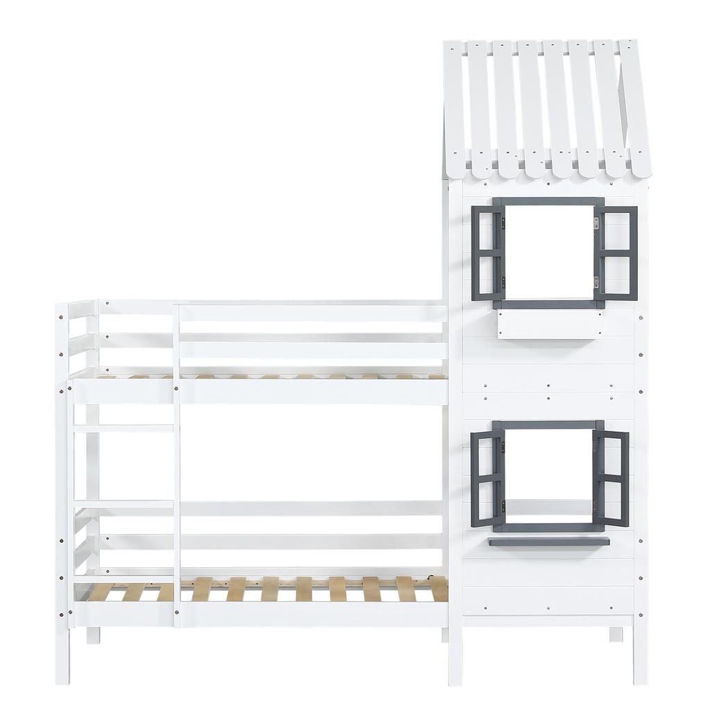 [29590567WAA]Bunk Bed with Handrail and Window, House Bed, Children's Bed with Fall Protection and Guard Rail, Pine Frame, White (90x200cm)