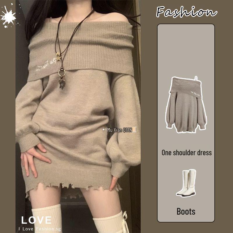 

Chic Strapless One-Shoulder Sweater Dress - Fall Style with Waist-Cinching, Belly-Covering, and Hip-Hugging Short Skirt Small