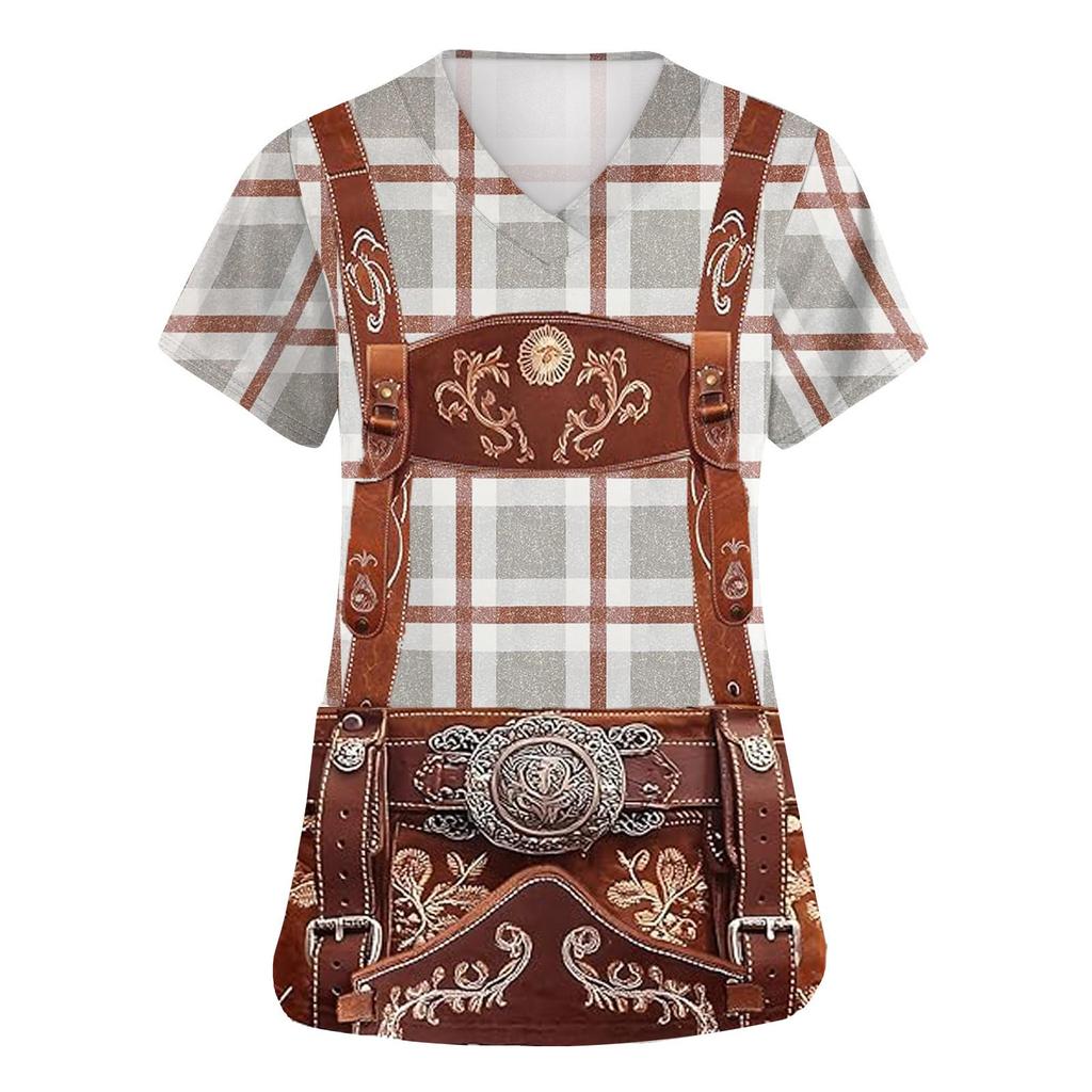 Womens V Neck Short Sleeve Work Shirt with Pockets Oktoberfest Print Top for Caregivers Nursing Uniforms Plaid Pattern Design