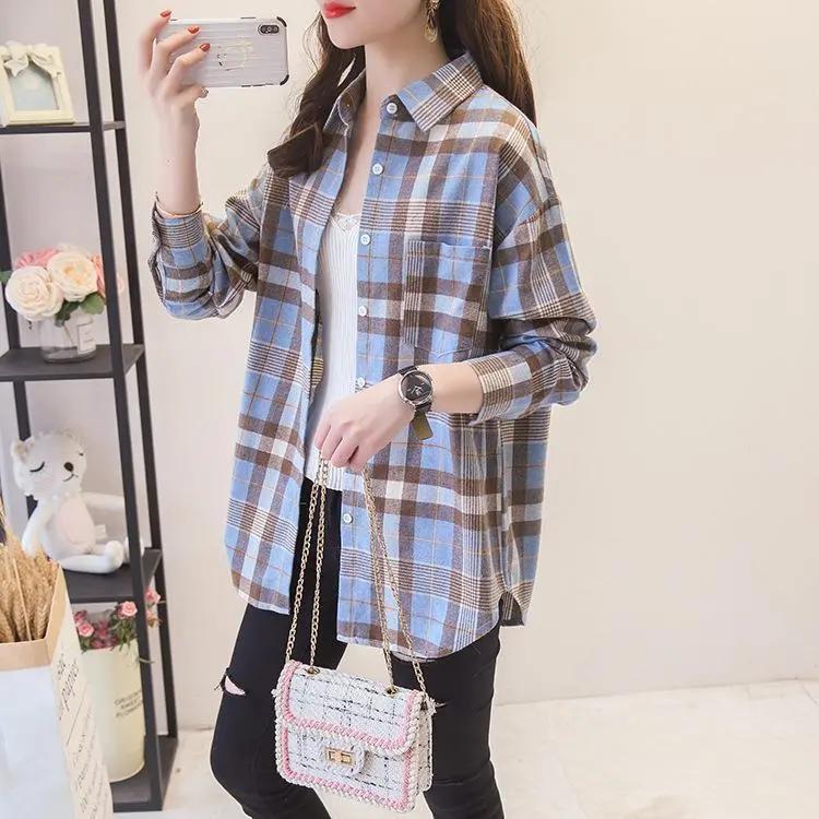 Autumn Plaid Shirts Womens Blouses Thin and Versatile Casual Student Plus Size Outerwear Shirt