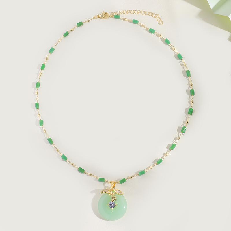 

Retro Safety Buckle Necklace Female Court Ethnic Style Versatile Temperament Inlaid Jade Collarbone Chain Jewelry