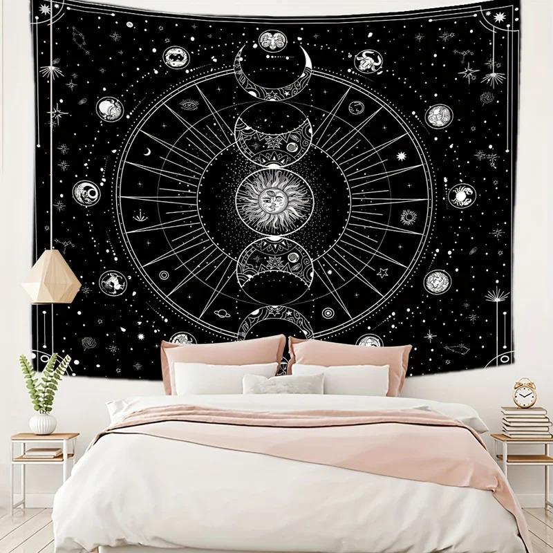 VIKAMA Black and White Constellations Moon Phases Tarot Wind Art Tapestry Living Room Bedroom Bedhead Sofa Background Wall Decor