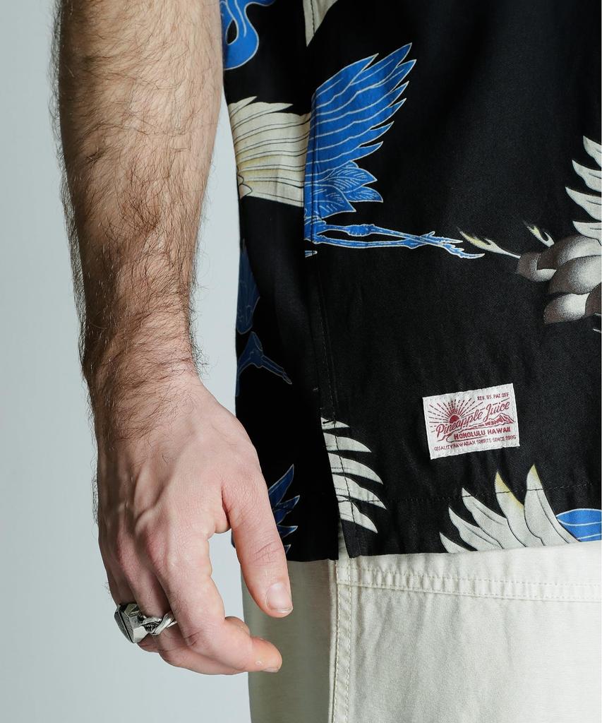 Schott X PJ X Pineapple Juice RAYON SHIRT CRANE Men's Rayon Shirt, Size 2XL, 010, Black, 782-5123018