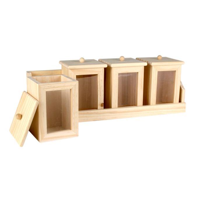 4 pots à épices en bois et vitrées sur plateau en bois