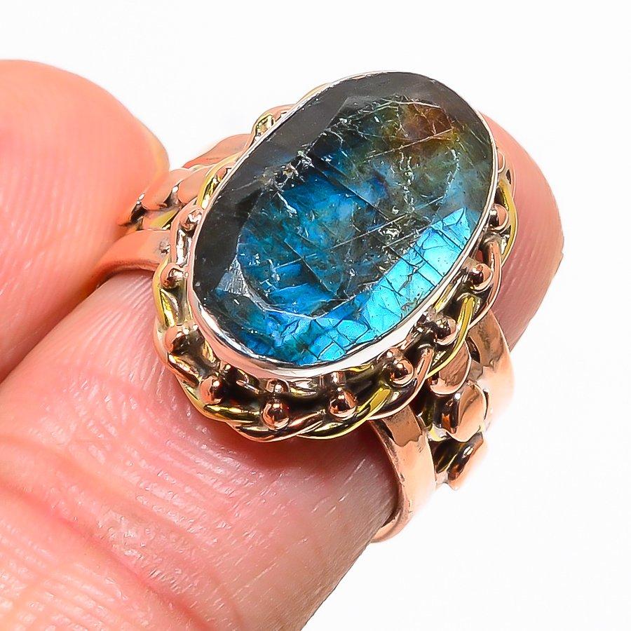 Natural Labradorite Gemstone Two Tone 925 Sterling Silver Jewelry Ring S.7 R5p77
