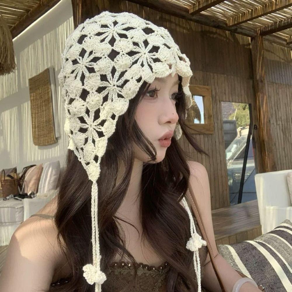 Tassel Hollowed Out Knitted Hat Floral Bohemian Style Beanies Cute Weave Cap Apparel Accessories