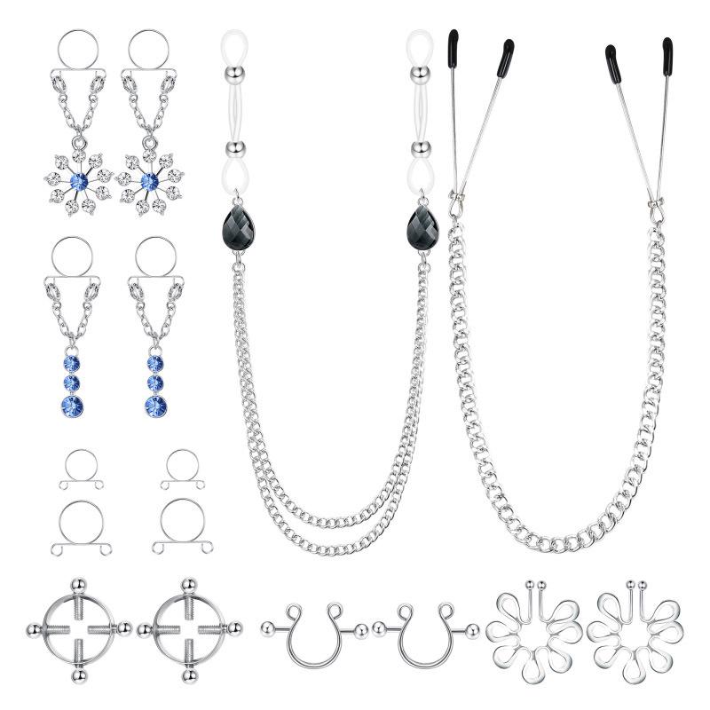 Adjustable Stainless Steel Flower Nipple Rings with Zircon Chain - Provocative Body Piercing Jewelry
