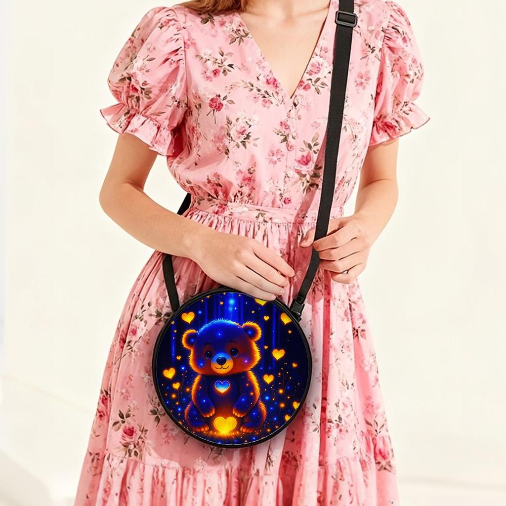 Bear Print Round Shoulder Bag Casual Messenger Bag for Woman Best Gifts 2D Flat Casual Daily Crossbody Bag