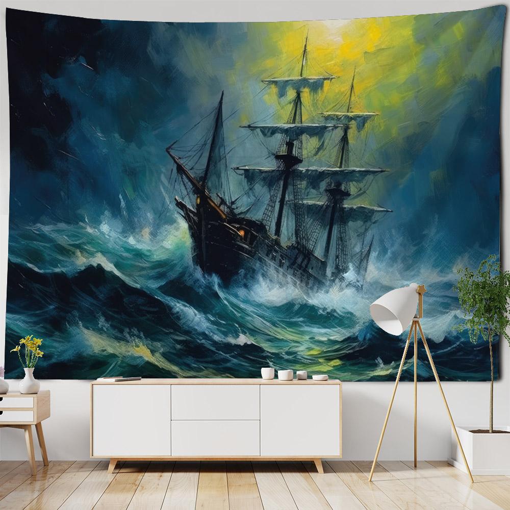 Ozean Ölgemälde Wandteppich Retro Piratenschiff Wandbehang, Hippie Heimdekoration Wandbild, Wohnzimmer und Schlafzimmer Kunstdekoration
