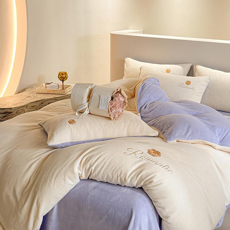 Winter Warm 4pcs Milk Embroidery Home Textile Bed Quilt Set Sheet