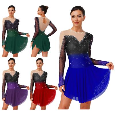 Kunstschaatsjurk voor Dames S-XXL: Glitterende Gradiënt Stof met Doorzichtig Mesh Patchwork & Handige Ingebouwde Slip