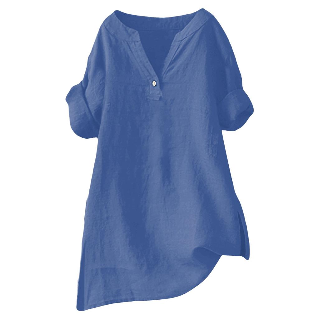 Women's Fashion Loose Standing Collar Button Split Cotton Linen Seven Sleeve T-Shirt Top