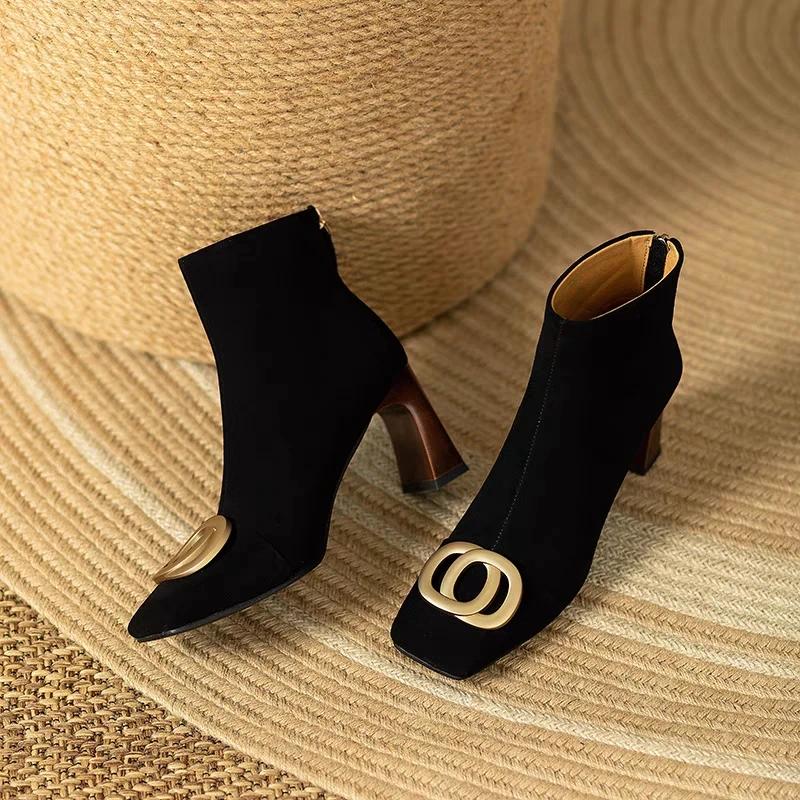 High Quality Zipper Design High Heel Womens Boots 2024 Trend New Metal Decoration Casual Party Spring Autumn Women's Ankle Boots