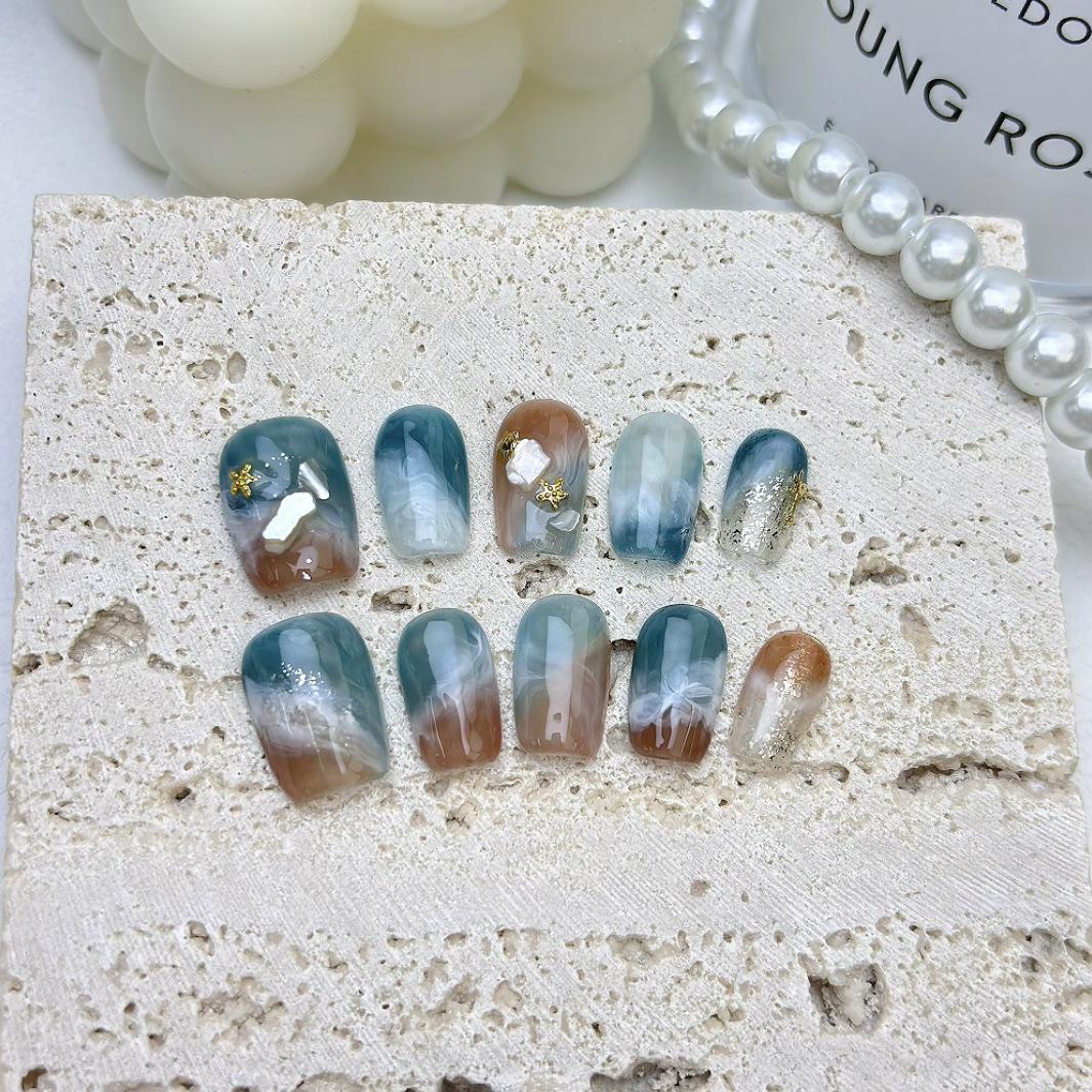 

Summer Wave: Blue Hand-Painted Ombre High-End Handmade Wearable Nails Extra Small