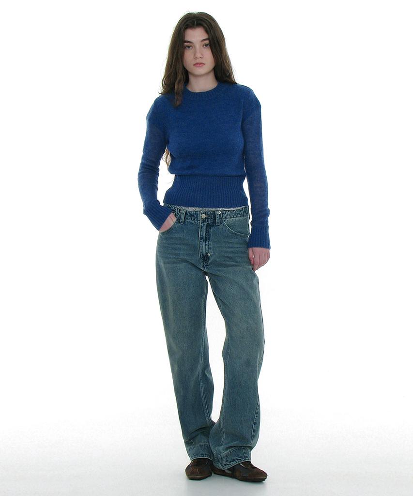 PARTIMENTO WOMEN Sheer Wide Rib Knit Crewneck_Blue