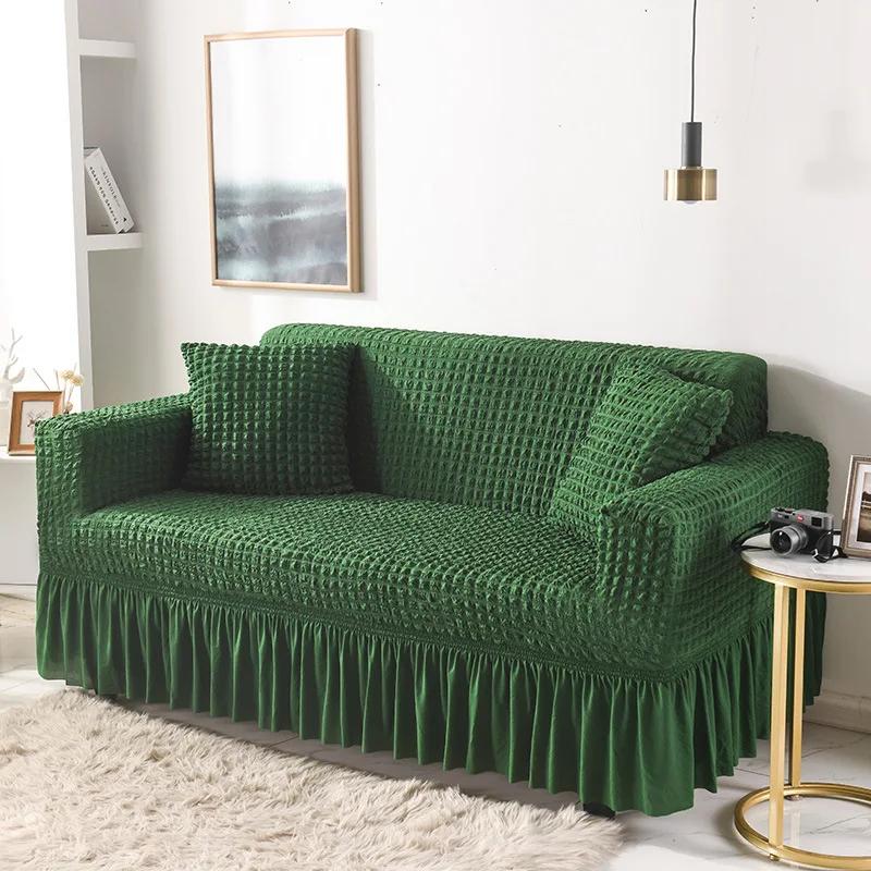 High Elastic Bubble Grid Sofa Cover 1/2/3/4 with Skirt Hem Universal Stretch Couch Protector for Home Living Room Pet Anti Dirt