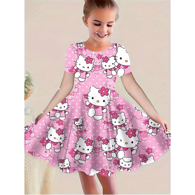 Fashion Girls' Princess Dress with 3D Wolf Print - Flared Summer Party Outfit, Durable Material