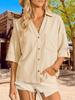 Women's Button Down Collared Blouse V Neck Cotton Short Sleeve Loose Top