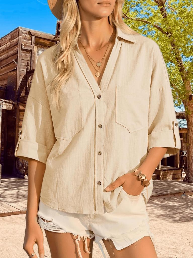 Women's Button Down Collared Blouse V Neck Cotton Short Sleeve Loose Top