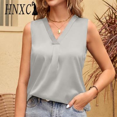 Moda feminina casual verão cor sólida estampa sem mangas blusas e camisas com decote em V