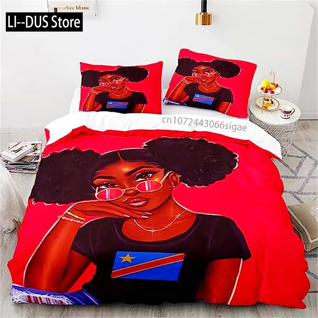 African American Black Girl Duvet Cover Black Girl Magic Bedding Set Cute Little Afro Black Princess Bed Cover Girl Room Decor