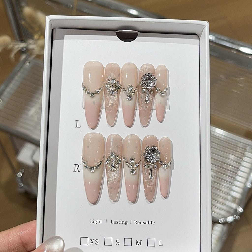 Sweet Cheese Snow Coconut: Cherry Blossom Pink & Milky White Gradient French Cat Eye Rhinestone Zircon Press-on Nails