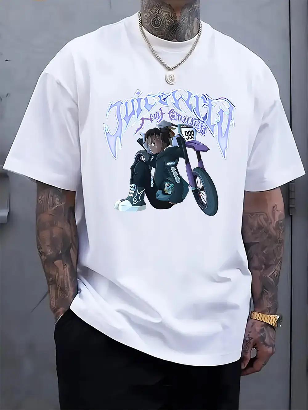 Casual Crew Neck T-shirt with Anime & Motorcycle Print - Light Gray XL