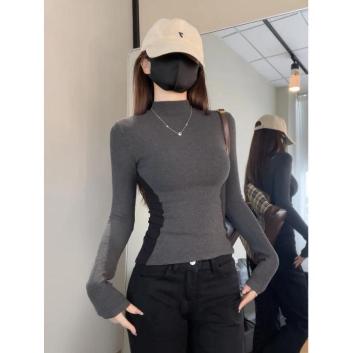 Damen Schlankmachendes Colorblock Langarm-T-Shirt - Halber Stehkragen, Innenlage, Herbst/Winter Trend