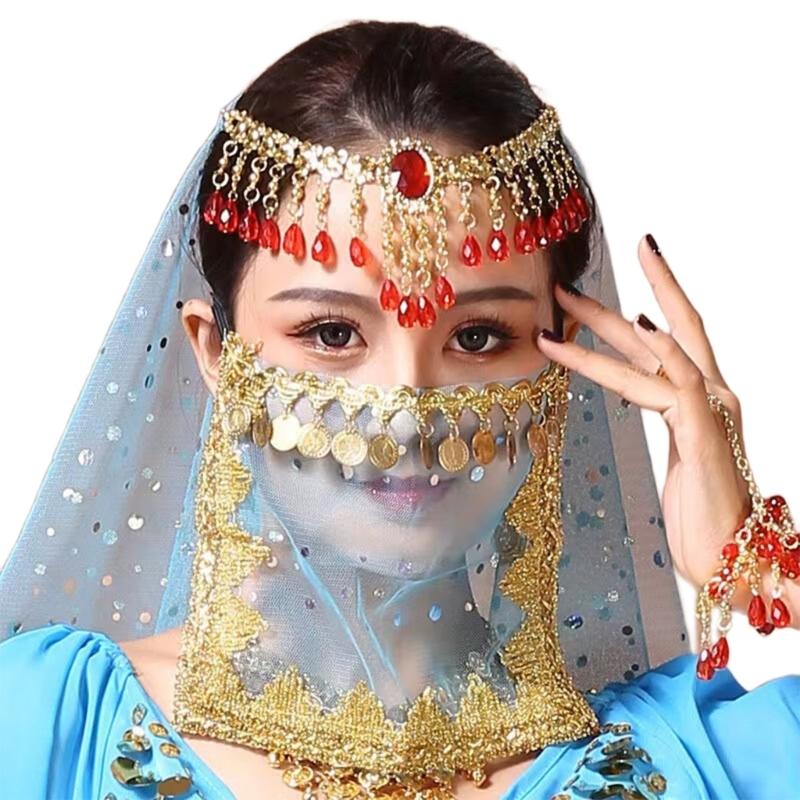 

Face Veil for Belly Dance Woman Half Face Veil Halloween Costume Cosplay Veil Party Scarf Belly Dance Tribal Face Veil озеро синього кольору
