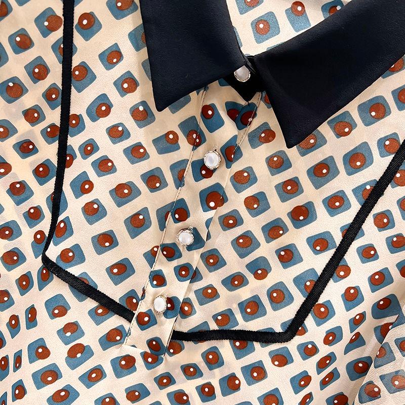 Korean Style Slim Lapel Color-blocking Printing Age-reducing Long-sleeved Chiffon Shirt Thin Top