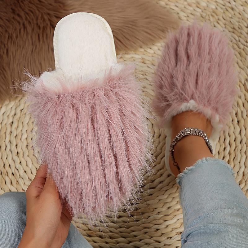Fashion Closed Toe Fluffy Fur Slippers for Women Winter Plush Warm Indoor Home Slippers Woman Lightweight Flat Heels Couple Furry Slides