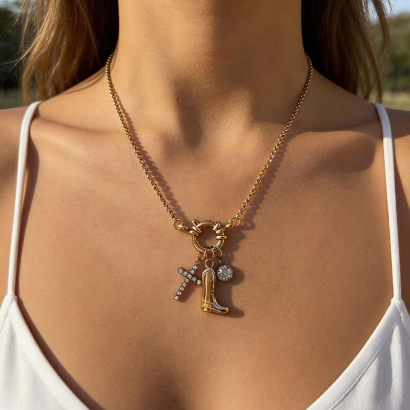 Stylish Symbol and Boot Pendant Necklace Stainless Steel with Glittering Stones Chain Necklace Suitable for Fashion Lady