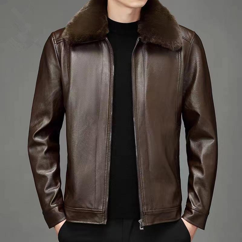 Middle-aged and Old Dad Pu Leather Jacket Fur One Men's Leather Men's New Style Plus Fleece Thick Men's Winter Coat